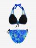 Ensemble de Bikini Hawaïen Sanglé Fleur Tropicale Imprimée à Col Halter - Bleu Ciel 4XL
