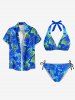 Ensemble de Bikini Hawaïen Sanglé Fleur Tropicale Imprimée à Col Halter - Bleu Ciel 4XL