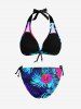 Ensemble de Bikini Hawaïen Sanglé Fleur Feuille Tropicale Imprimée à Col Halter - Bleu 4XL