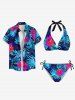 Ensemble de Bikini Hawaïen Sanglé Fleur Feuille Tropicale Imprimée à Col Halter - Bleu 4XL