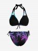 Coconut Tree Print Cinched Tie Halter Hawaii Bikini Set -  