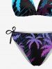 Coconut Tree Print Cinched Tie Halter Hawaii Bikini Set -  