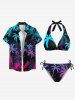 Coconut Tree Print Cinched Tie Halter Hawaii Bikini Set -  