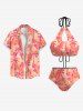 Maillot de Bain Tankini Evidé Fleur et Arbre Noix de Coco Imprimés - Rose clair 3XL