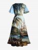 Plus Size Tropcial Coconut Tree Sail Boat Print Split Hawaii Cruise Midi Dress -  