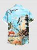 Plus Size Fishing Nets Crabs Conch Shells Lighthouse Bird Ombre Sky Print Hawaii Cruise Shirts For Men - Bleu clair M