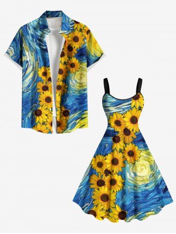 Spiral Painting Sunflower Print Plus Size Matching Hawaii Beach Outfit For Couples