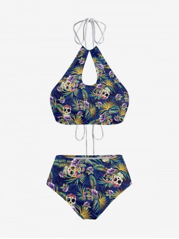 Tropical Leaves Floral Skulls Print Hawaii Hollow Out Backless Tankini Swimsuit - BLUE - XS