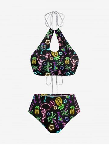 Glitter Neon Flamingo Coconut Tree Pineapple Stars Print Hawaii Hollow Out Backless Tankini Swimsuit - BLACK - XS