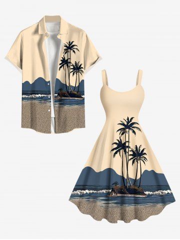 Coconut Tree Seascape Sea Waves Colorblock Print Plus Size Matching Hawaii Beach Outfit For Couples - LIGHT COFFEE