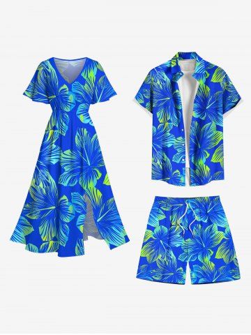 Tropical Hibiscus Flower Print Plus Size Matching Hawaii Beach Outfit For Couples - BLUE