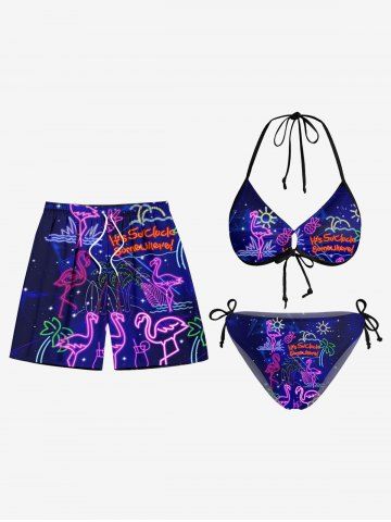 Coconut Tree Flamingo Pineapple Print Women Swimsuit and Men Beach Shorts Matching Hawaii Beach Outfit For Couples - BLACK