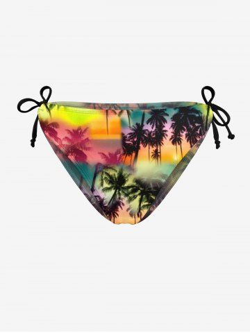 Coconut Tree Ombre Colorblock Print Cinched Tie Bikini Bottom - ORANGE - S