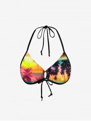 Coconut Tree Ombre Colorblock Print Cinched Tie Halter Bikini Top - ORANGE - M