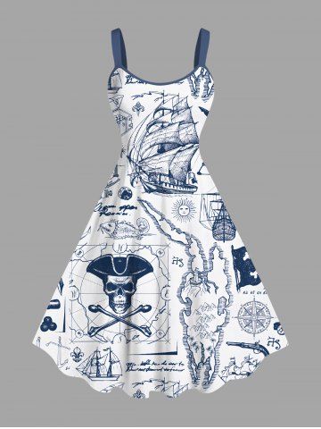 Plus Size Pirate Map Sailboat Compass Print Hawaii Cruise Tank Dress - WHITE - 2X