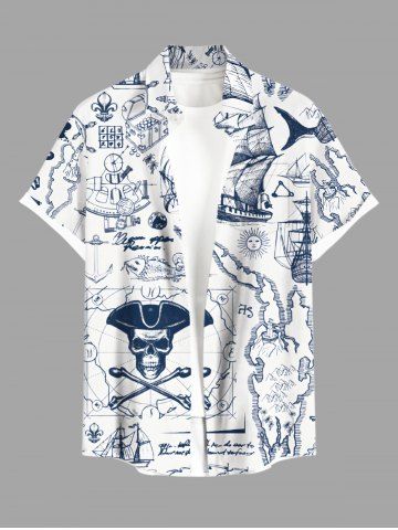 Plus Size Pirate Map Sailboat Compass Print Buttons Pocket Hawaii Cruise Shirt For Men - WHITE - XL