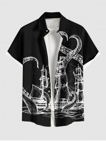 Plus Size Octopus Sailboat Sea Waves Print Hawaii Cruise Button Pocket Shirt For Men