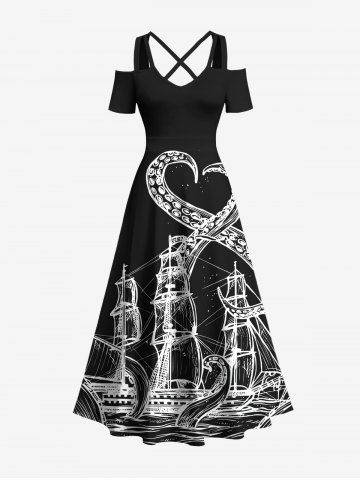 Plus Size Octopus Sailboat Sea Waves Print Hawaii Cruise Cold Shoulder Crisscross A Line Maxi Dress - BLACK - L