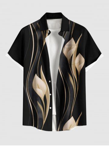 Chemise hawaïenne à poches boutons, imprimé lys et courbes, grande taille, pour hommes - BLACK - 2XL
