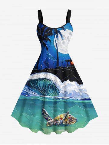 Robe débardeur trapèze grande taille à imprimé tortue, vague, cocotier et lune ombré galaxie, créatures marines d'Hawaï - MULTI-A - M