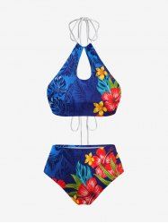 Tropical Leaves Floral Print Hawaii Ombre Hollow Out Backless Tankini Swimsuit -  