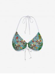 Coconut Tree Floral Skull Baseball Cap Pineapple Juice Print Hawaii Cinched Halter Backless Bikini Top -  