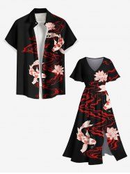 Fish Flower River Print Plus Size Matching Hawaii Beach Outfit For Couples - Noir 