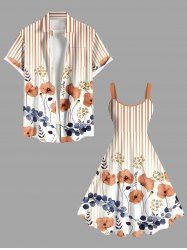 Tenue de plage hawaïenne assortie grande taille à imprimé rayé, motif fleur, feuille, branche, faisceau lumineux, pour couples - orange clair 