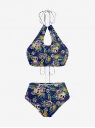 Maillot de Bain Tankini Hawaïen Evidé Fleuri Feuille Tropicale Imprimée sans Dos - Bleu 3XL