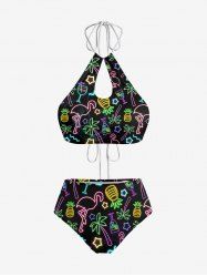Maillot de Bain Tankini Néon Etoile Flamant Imprimé Evidé sans Dos à Paillettes - Noir 3XL