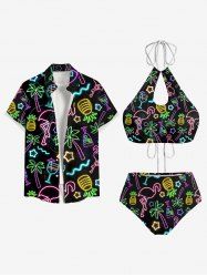 Flamingo Coconut Tree Print Men Shirt and Women Swimsuit Matching Hawaii Beach Outfit For Couples -  