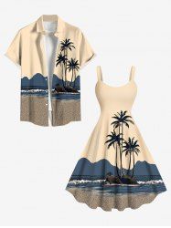 Coconut Tree Seascape Sea Waves Colorblock Print Plus Size Matching Hawaii Beach Outfit For Couples -  