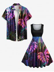 Colorful Tropical Leaf Print Plus Size Matching Hawaii Beach Outfit For Couples -  