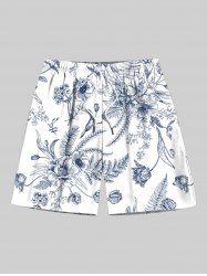 Short de Plage Hawaiien Imprimé Feuilles et Fleurs Tropicales Grande Taille à Cordon - Blanc 5XL