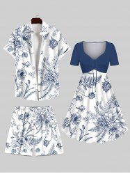 Tenue de plage hawaïenne assortie grande taille à imprimé feuilles tropicales et fleurs pour couples - Blanc 