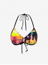 Coconut Tree Ombre Colorblock Print Cinched Tie Halter Bikini Top - Orange L