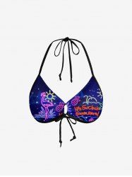 Coconut Tree Flamingo Pineapple Sun Print Cinched Tie Halter Bikini Top -  