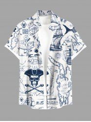 Plus Size Pirate Map Sailboat Compass Print Buttons Pocket Hawaii Cruise Shirt For Men -  