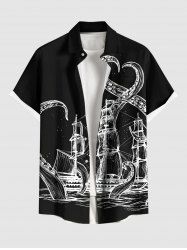 Plus Size Octopus Sailboat Sea Waves Print Hawaii Cruise Button Pocket Shirt For Men -  