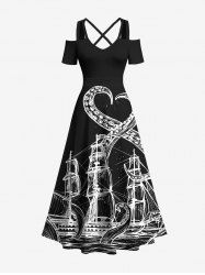 Plus Size Octopus Sailboat Sea Waves Print Hawaii Cruise Cold Shoulder Crisscross A Line Maxi Dress -  