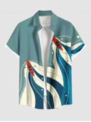 Plus Size Sea Waves Boat Print Hawaii Cruise Button Pocket Shirt For Men -  