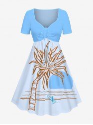 Plus Size Coconut Tree Sea Wave Surfer Sun Print Hawaii Cinched A Line Dress -  