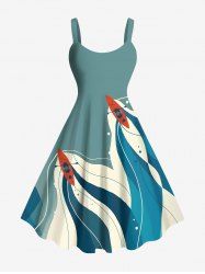 Plus Size Sea Waves Boat Print Hawaii Cruise A Line Tank Dress -  