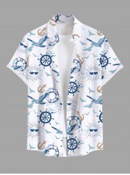 Plus Size Sun Bird Anchor Rudder Print Buttons Pocket Hawaii Cruise Shirt For Men -  