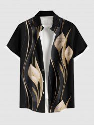 Plus Size Lily Flower Curve Print Hawaii Button Pocket Shirt For Men -  