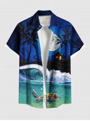 Plus Size Turtle Sea Wave Coconut Tree Moon Ombre Galaxy Print Hawaii Sea Creatures Shirt For Men -  