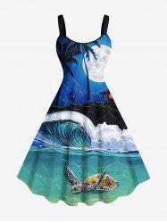 Plus Size Turtle Sea Wave Coconut Tree Moon Ombre Galaxy Print Hawaii Sea Creatures A Line Tank Dress -  