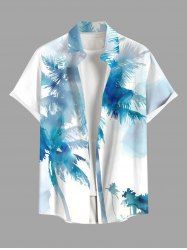 Plus Size Watercolor Tie Dye Coconut Tree Print Hawaii Button Pocket Shirt For Men -  