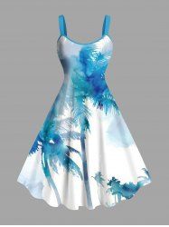 Plus Size Watercolor Tie Dye Coconut Tree Print Hawaii A Line Tank Dress -  