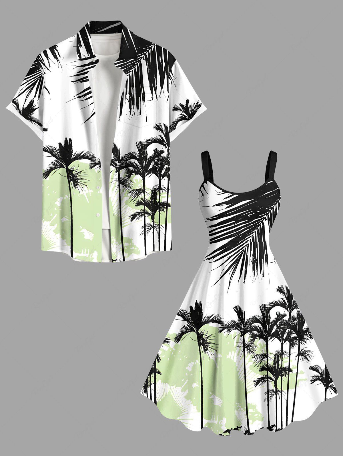 Contrastant Imprimé Cocotier et Feuille Tropicale Grande Taille pour la Plage Vert clair 